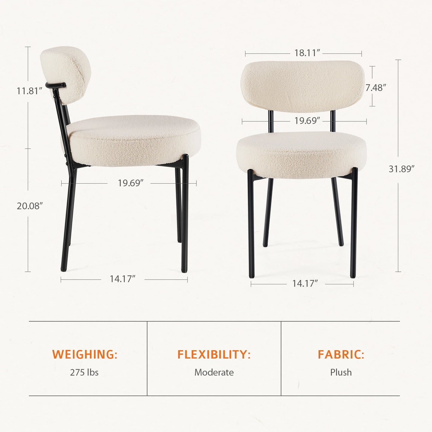 Ergonomic Round Dining Chairs Set of 2 Plush Fabric