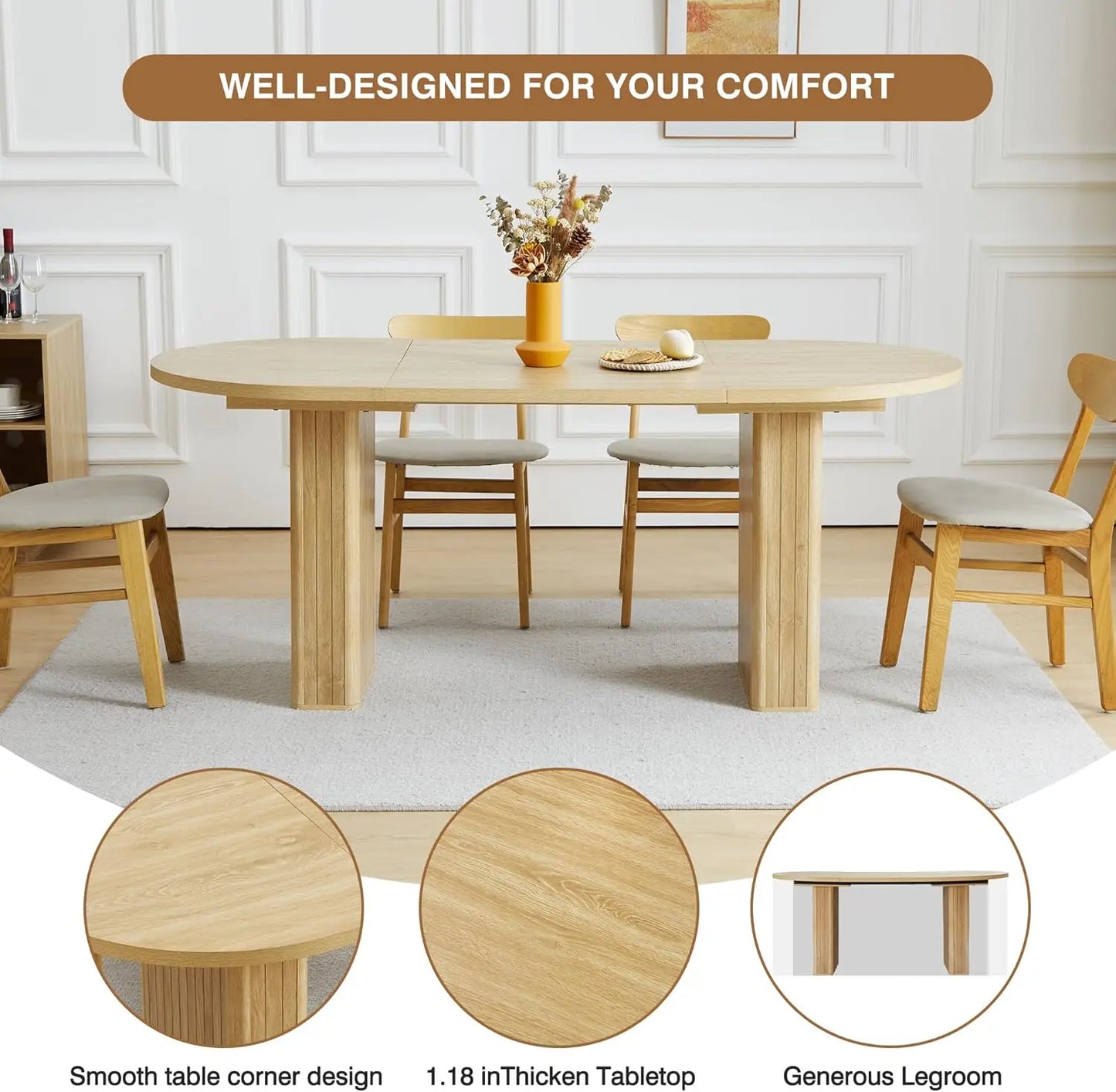 70.8 Inch Kitchen Dining Table for 4-6 People, Oval Kitchen Table with Wood Strip Base, Farmhouse Large Round Dining Room Tables