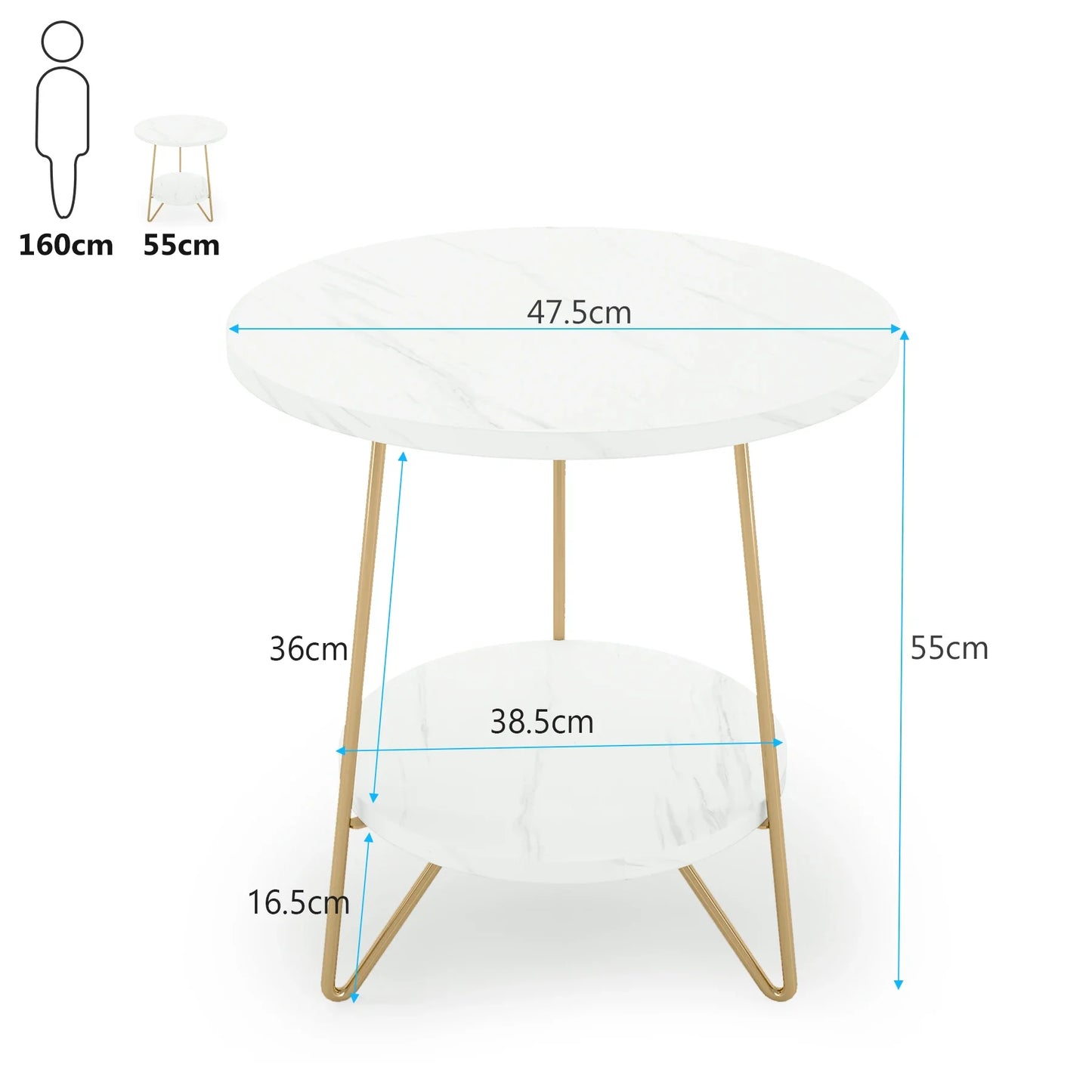 Tribesigns 2 Tier Faux Marble End Table Round Side Table with Shelves Small Coffee Accent Table for Living Room, White and Gold