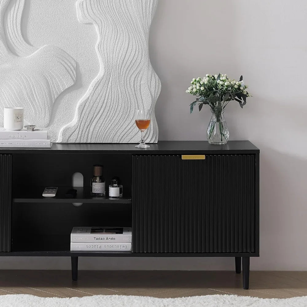 Black TV Stand for 65+ Inch TV with Sliding Doors