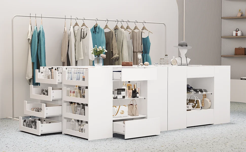 Glass Display Shelf & 12 Drawers, White Dresser with Glass Top