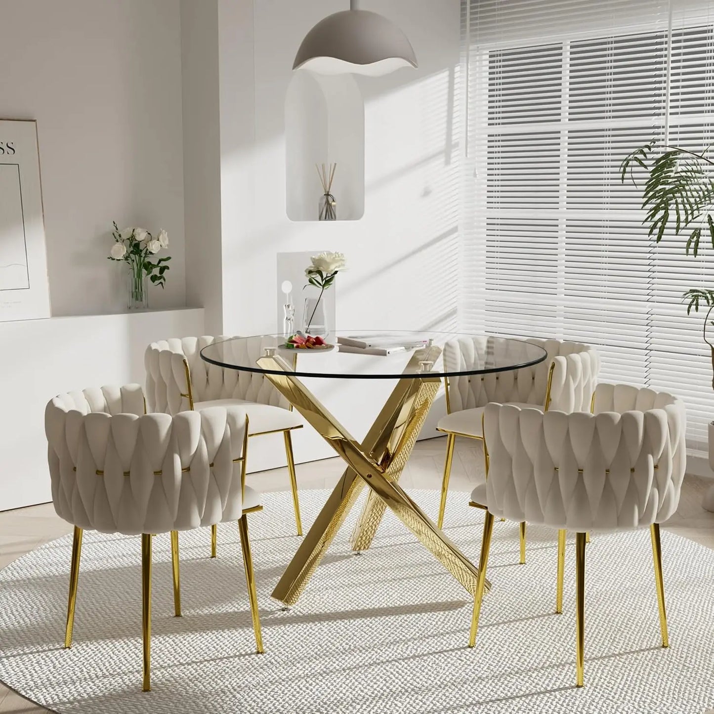 Golden Round Glass Dining Table Set for 4, 39'' Clear Dinner Table Set, 5 Pieces Modern Luxury Circle Kitchen Table and Green