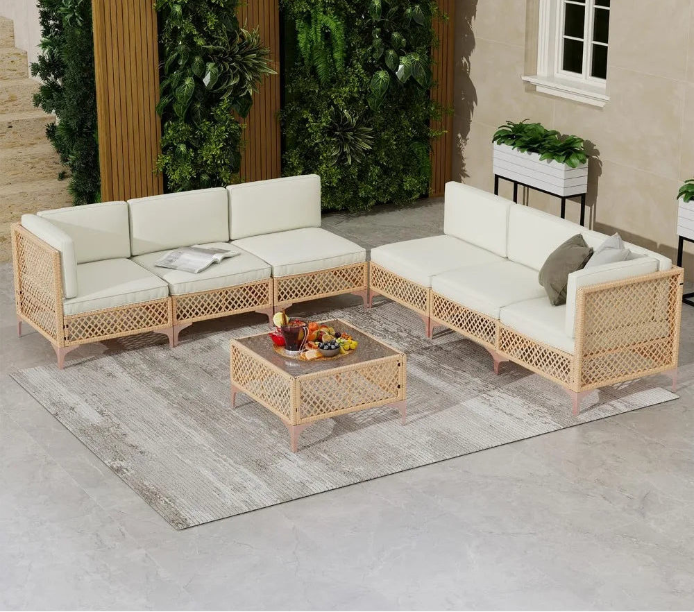 7 Piece Outdoor Patio Furniture Set, Outdoor Set with Glass Table and Cushions
