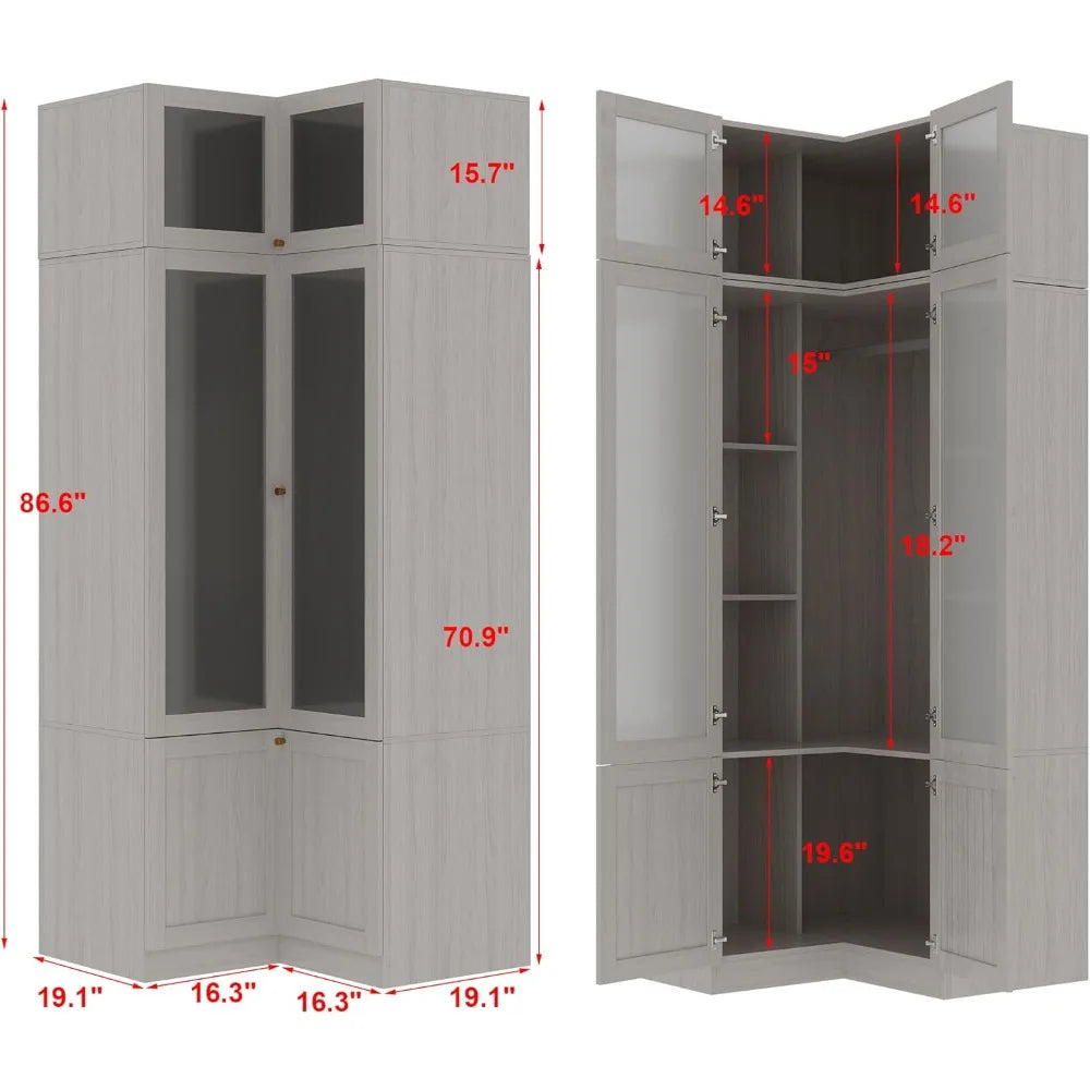 L-Shape Armoire Wardrobe Closet with Frosted Glass Doors