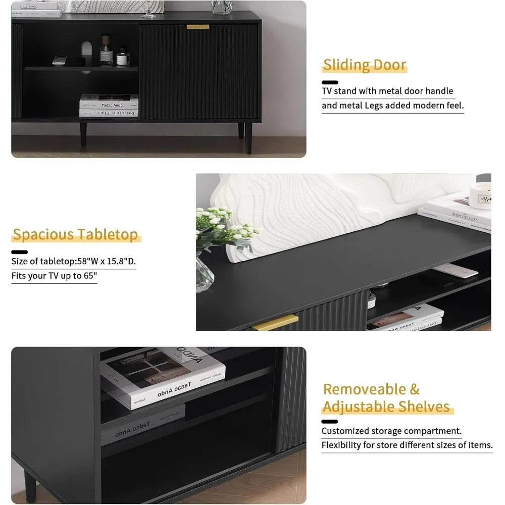 Black TV Stand for 65+ Inch TV with Sliding Doors