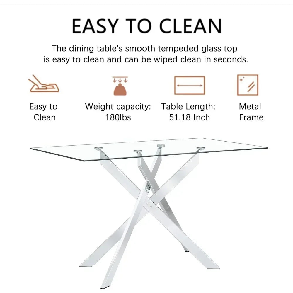 Rectangular Glass Dining Table Kitchen Glass Top Table for 4 with Metal Legs,Dining Table Kitchen Glass Tables for Kitchen