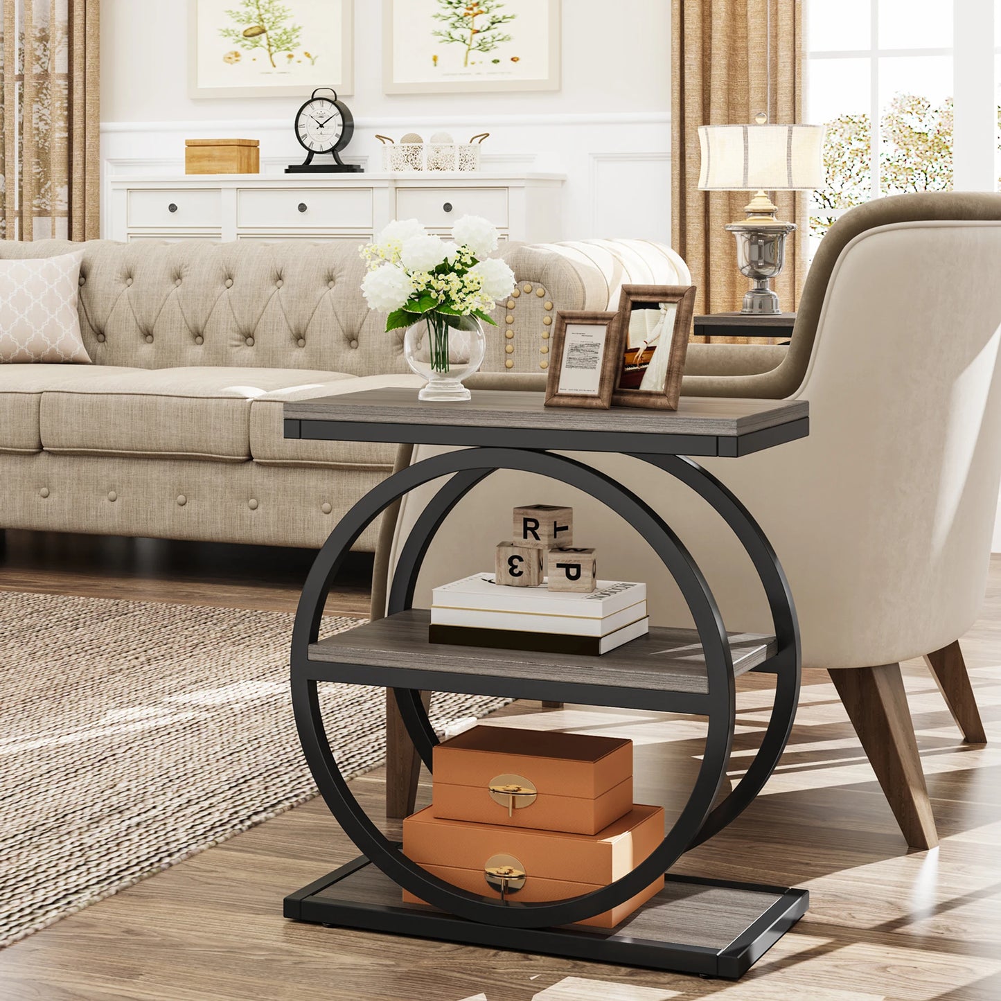 Tribesigns End Table, Narrow End Table with 3 Storage Shelves, Wooden Side Table, Industrial Small Sofa Side Table