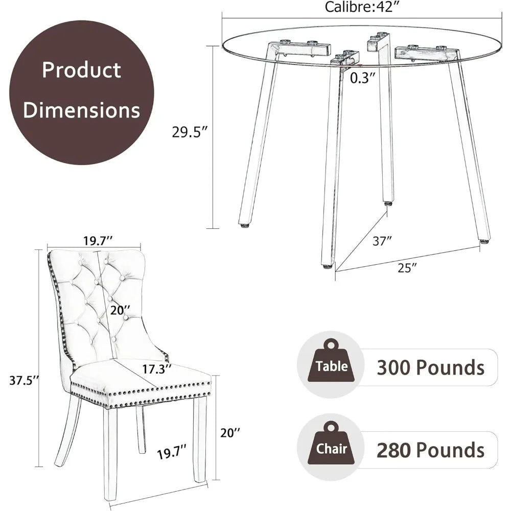 5 Piece Luxury Round Glass Dining Set, Modern Minimalist Circle Kitchen Table Set for 4, 42'' Clear Circular Glass Top Dinner Ro