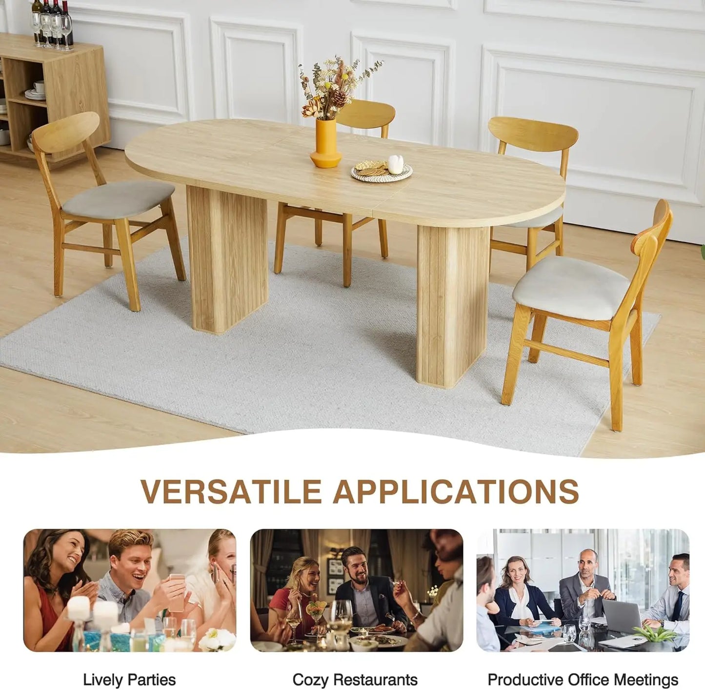 70.8 Inch Kitchen Dining Table for 4-6 People, Oval Kitchen Table with Wood Strip Base, Farmhouse Large Round Dining Room Tables