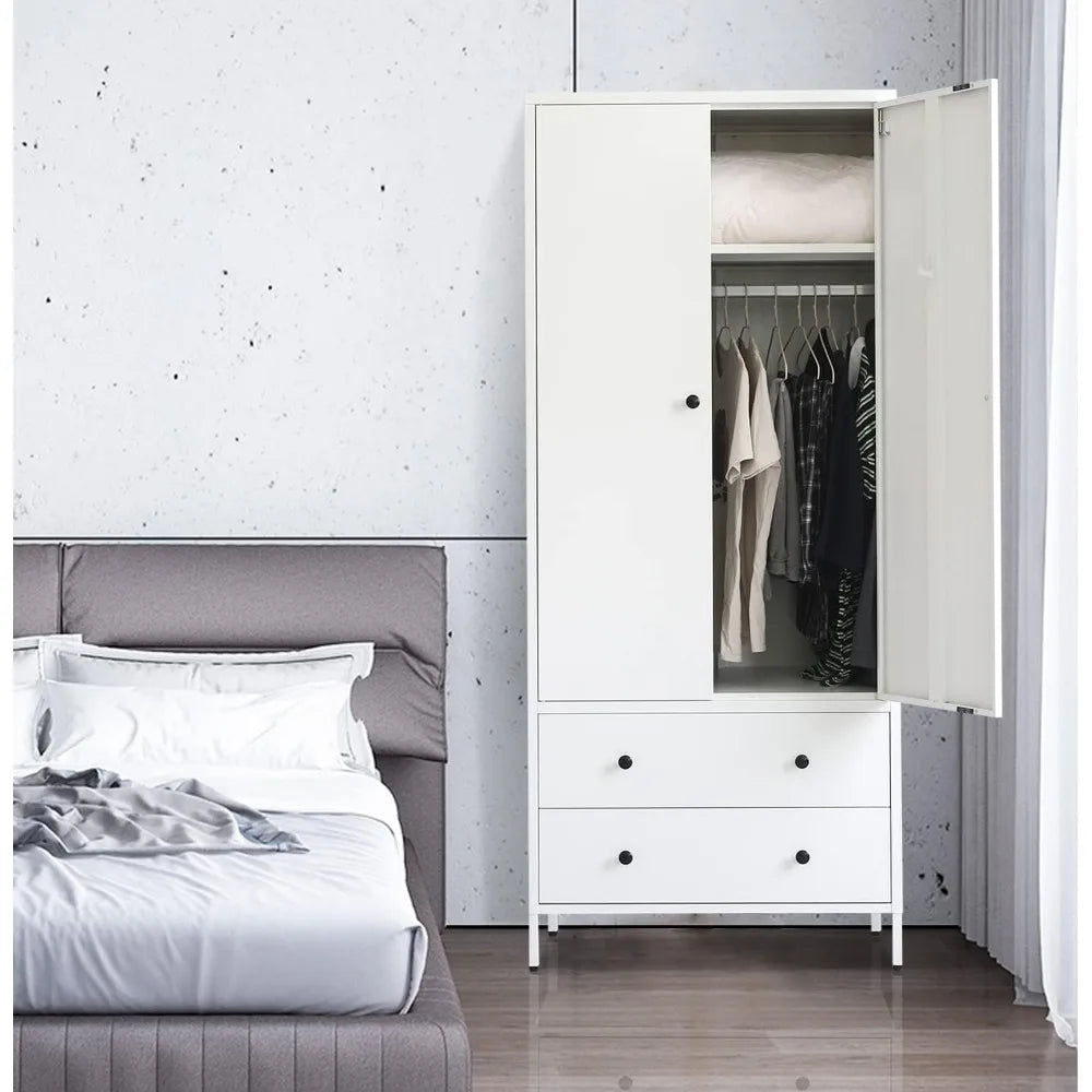 Wardrobe Closet, Metal Armoires with Two Drawers
