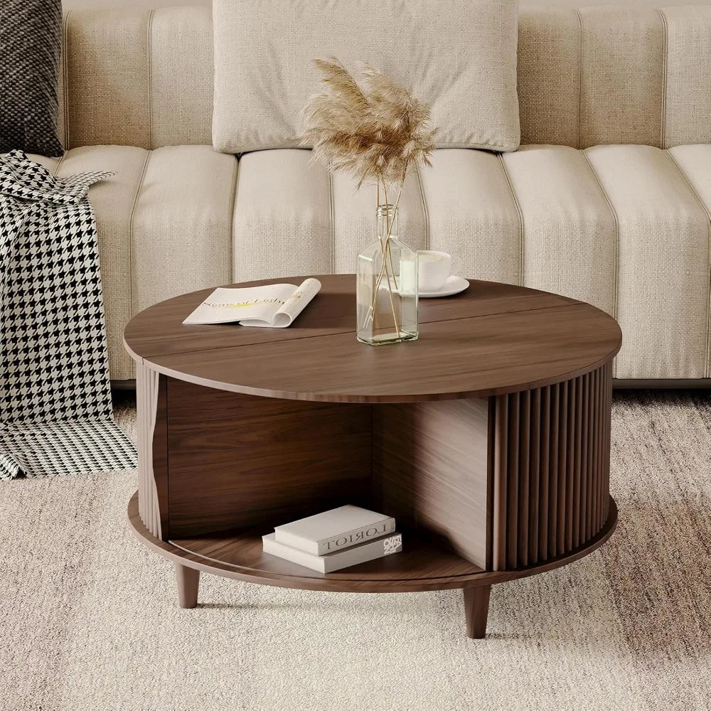 Round Coffee Table with Storage,Mid Century Modern Coffee Table with Sliding Cabinet Door,Coffee Tables,31.5" Small Center Table