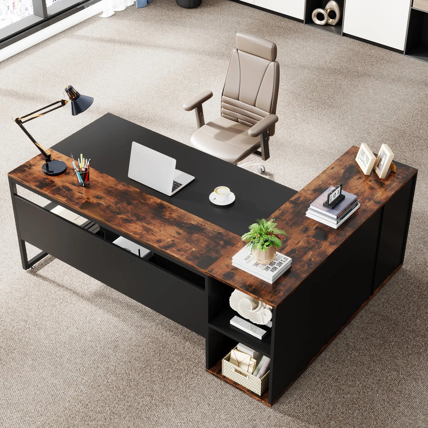 71 inch Executive Desk, L Shaped with Cabinet Storage