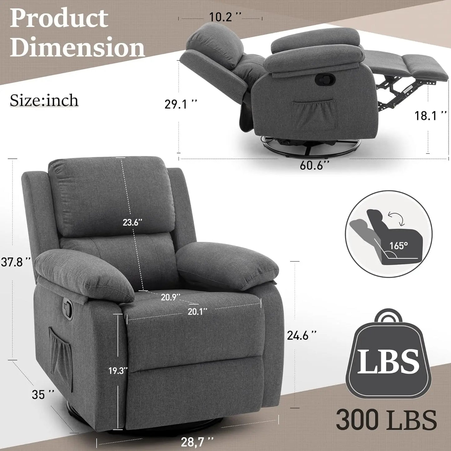 Recliner Chair, 360 Swivel Rocker Chair for Adults