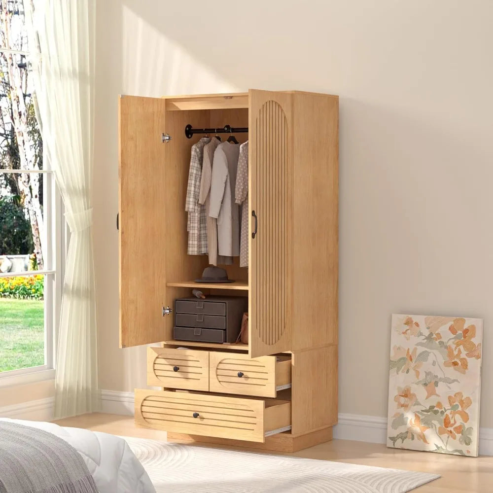 Wood Armoire Wardrobe Closet with Doors with 3 Drawers