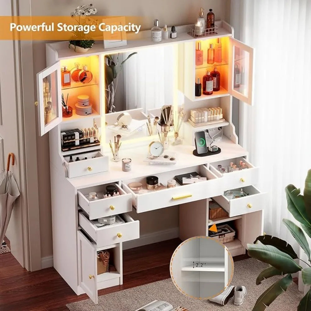 Vanity Table Set with Charging Station, Dresser with Mirror