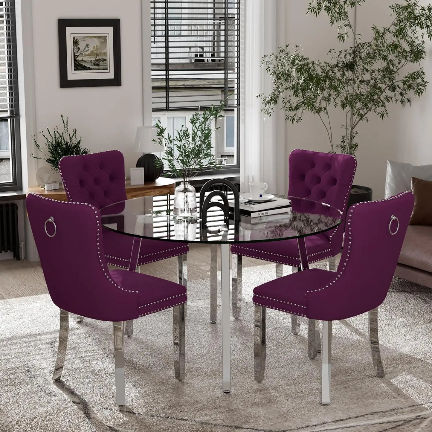 5 Piece Luxury Round Glass Dining Set, Modern Minimalist Circle Kitchen Table Set for 4, 42'' Clear Circular Glass Top Dinner Ro
