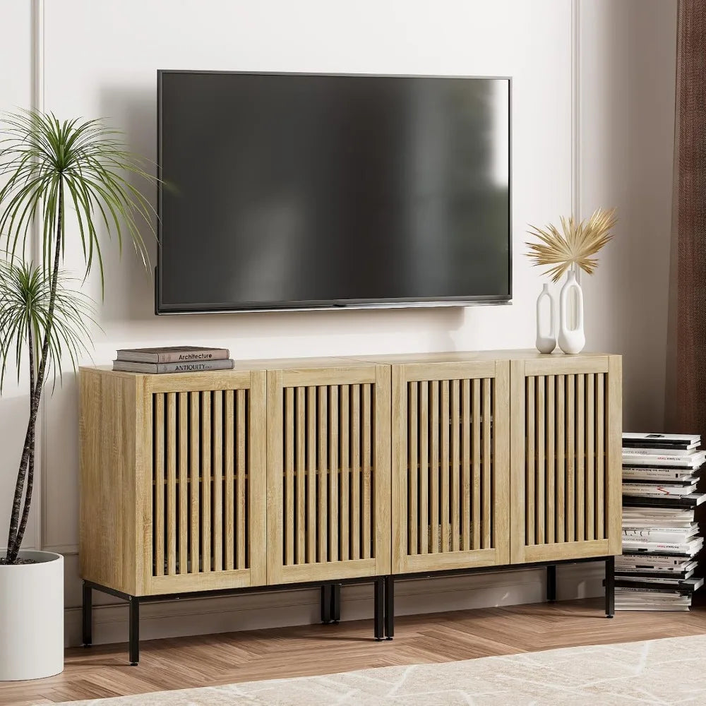 2 in 1 TV Stand with 4 Doors, Oak Sideboard, Metal Base