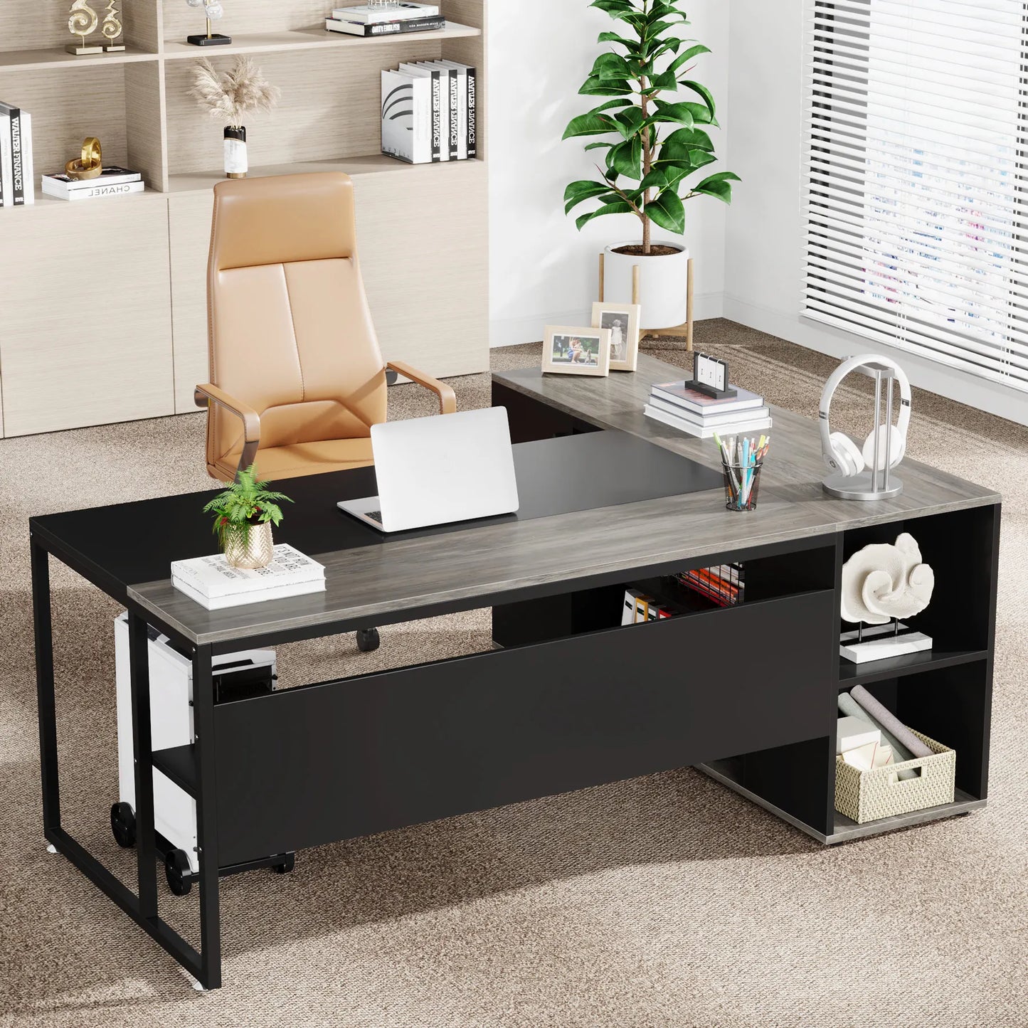71 inch Executive Desk, L Shaped with Cabinet Storage