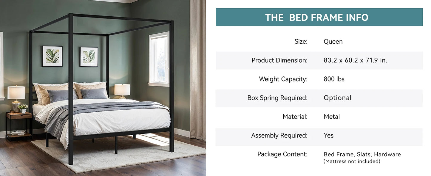 Canopy Bed Frame, Easy Assembly - Queen & Full Sizes