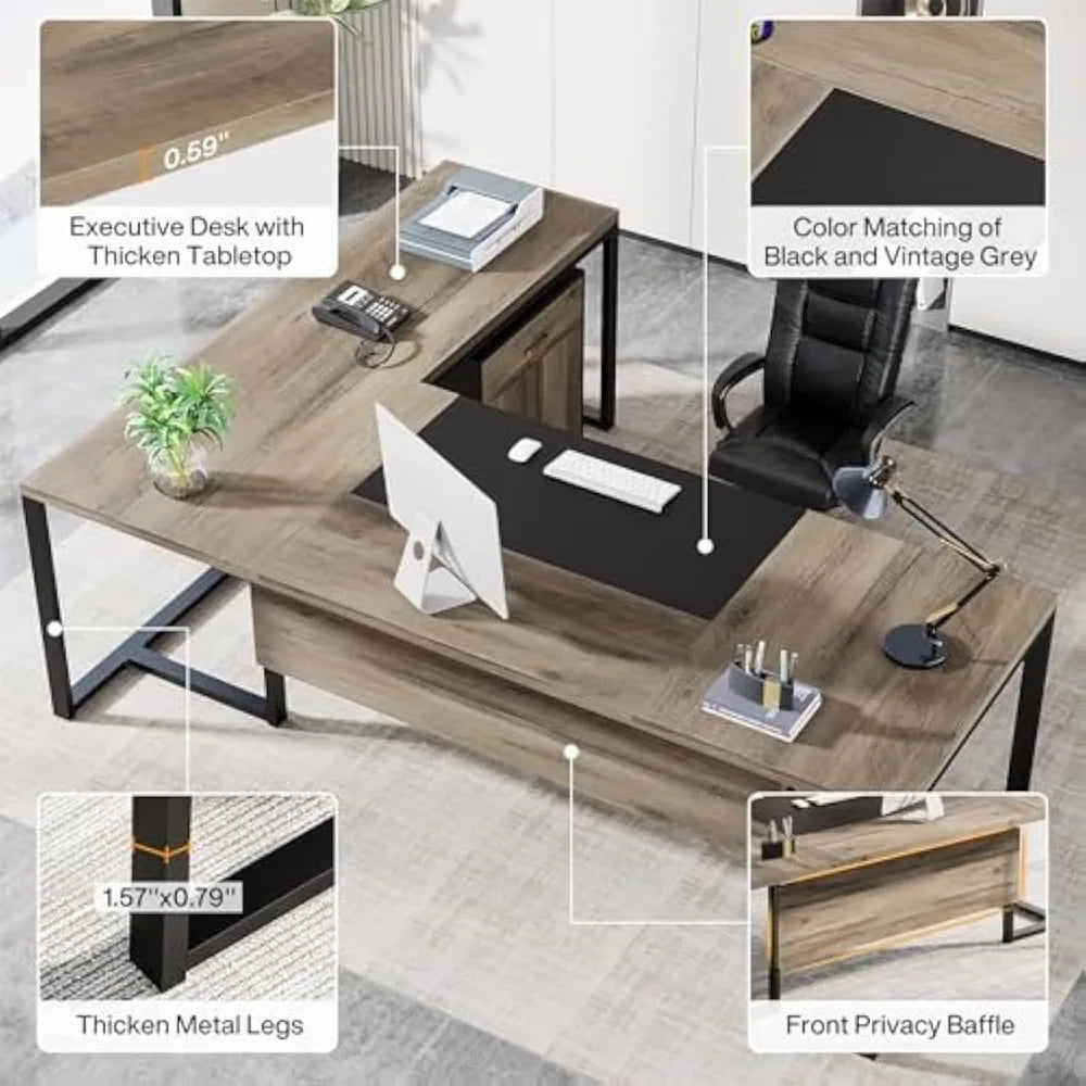 70.8" L-Shaped Executive Desk with Drawer Cabinet