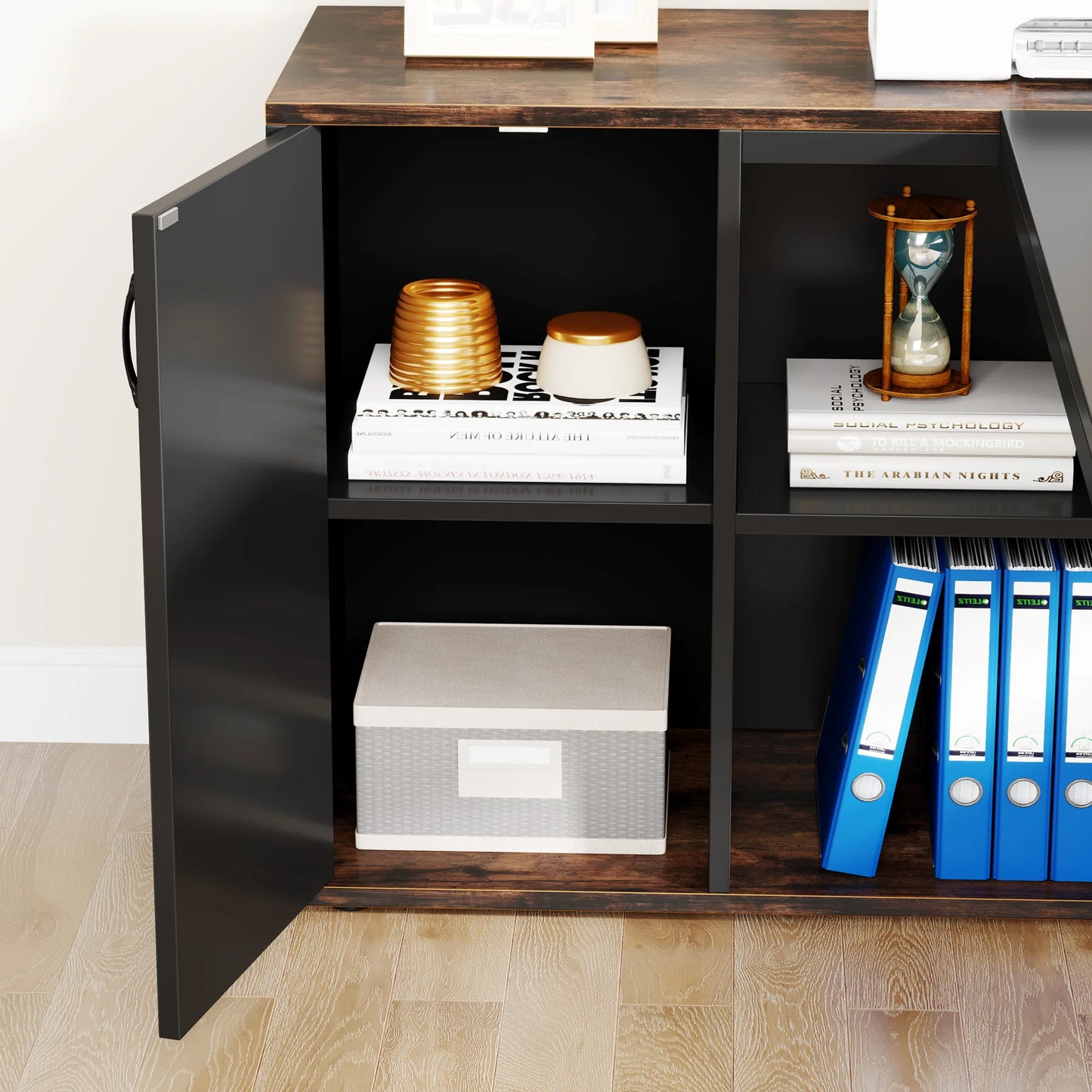 71 inch Executive Desk, L Shaped with Cabinet Storage