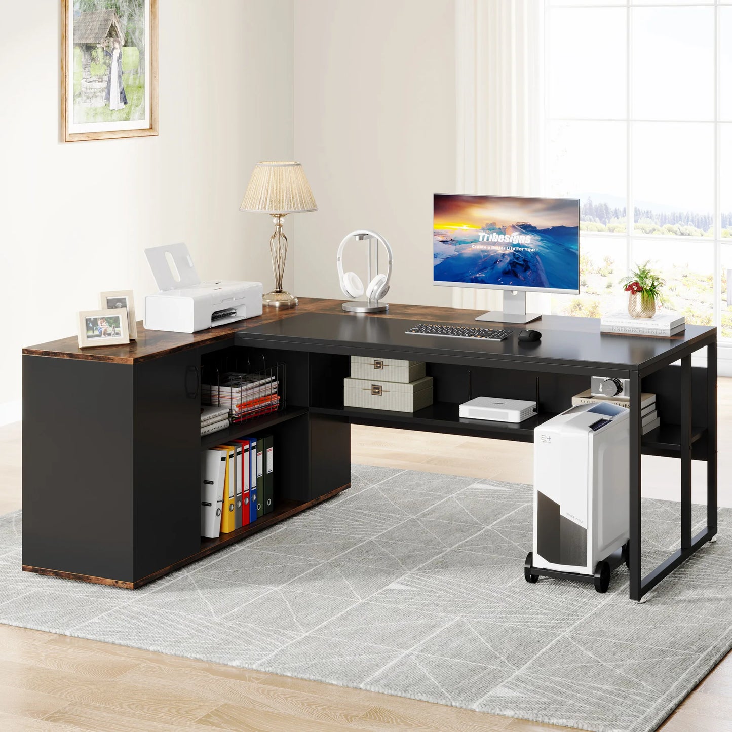 71 inch Executive Desk, L Shaped with Cabinet Storage