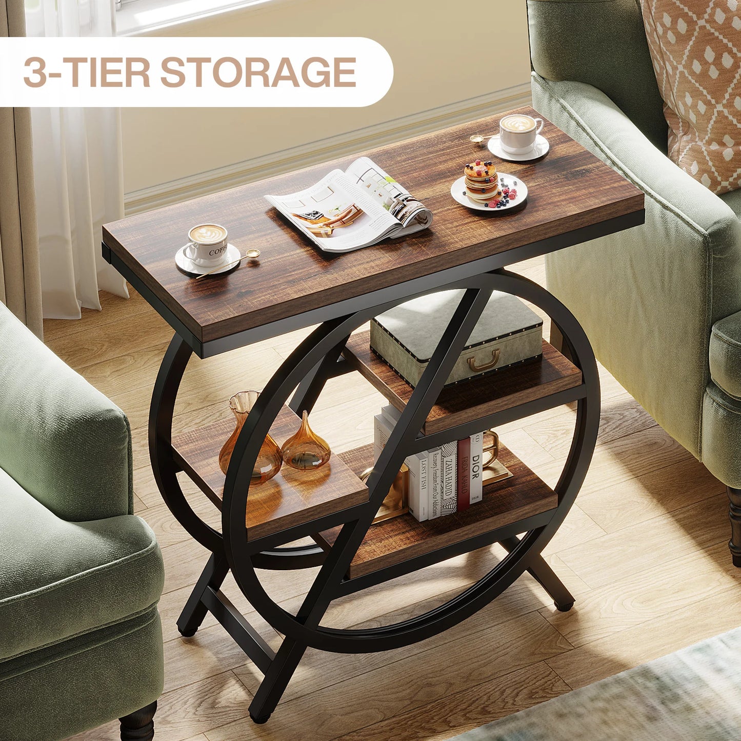 Tribesigns End Table, Narrow End Table with 3 Storage Shelves, Wooden Side Table, Industrial Small Sofa Side Table