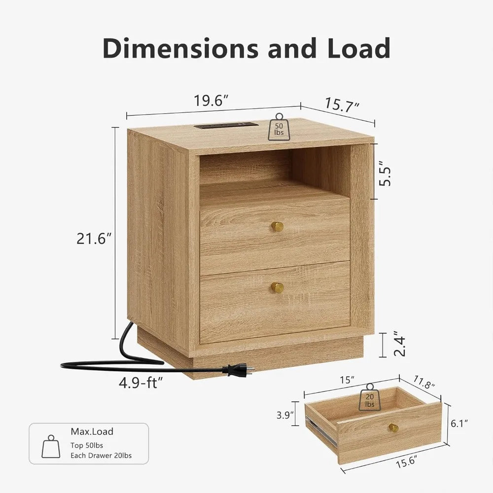 Nightstand Charging Station, Mid Century Modern Nightstand Wood Grain Texture, Boho End Table Drawers Storage