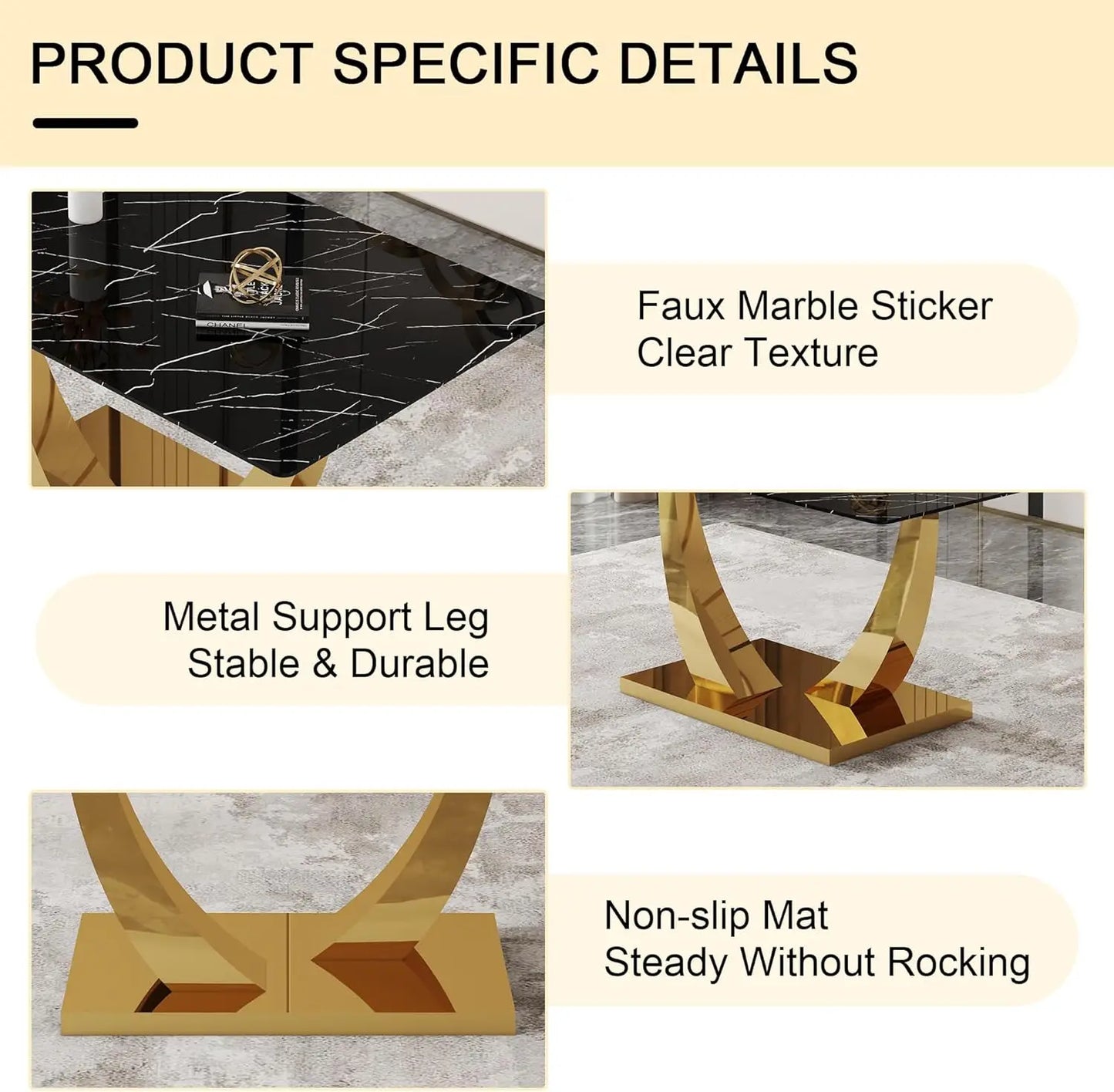 63” Dining Room Table Set for 6,Modern Gold Dining Table Set for 6, Rectangle kitchen Table Set With PU Leather Chairs,Black