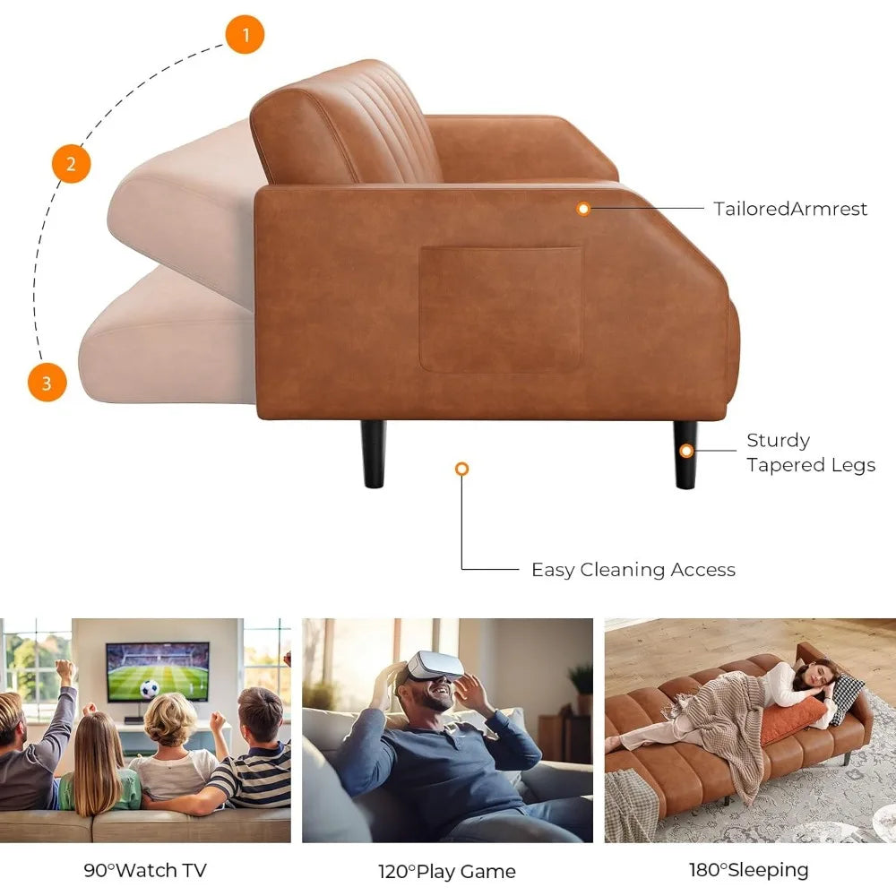 Sofa Bed Couch, 2 Seater Faux Leather Futon Sleeper