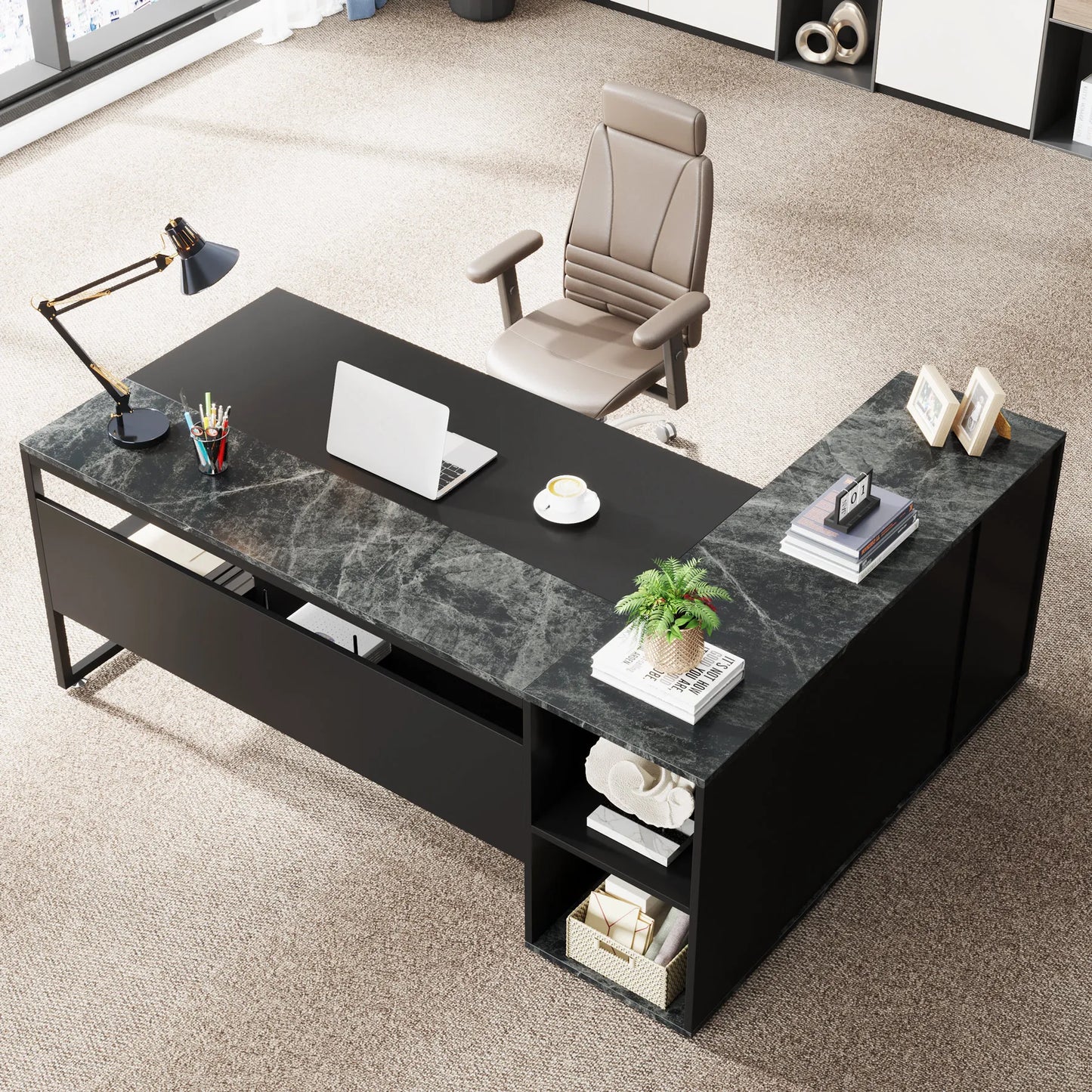 71 inch Executive Desk, L Shaped with Cabinet Storage