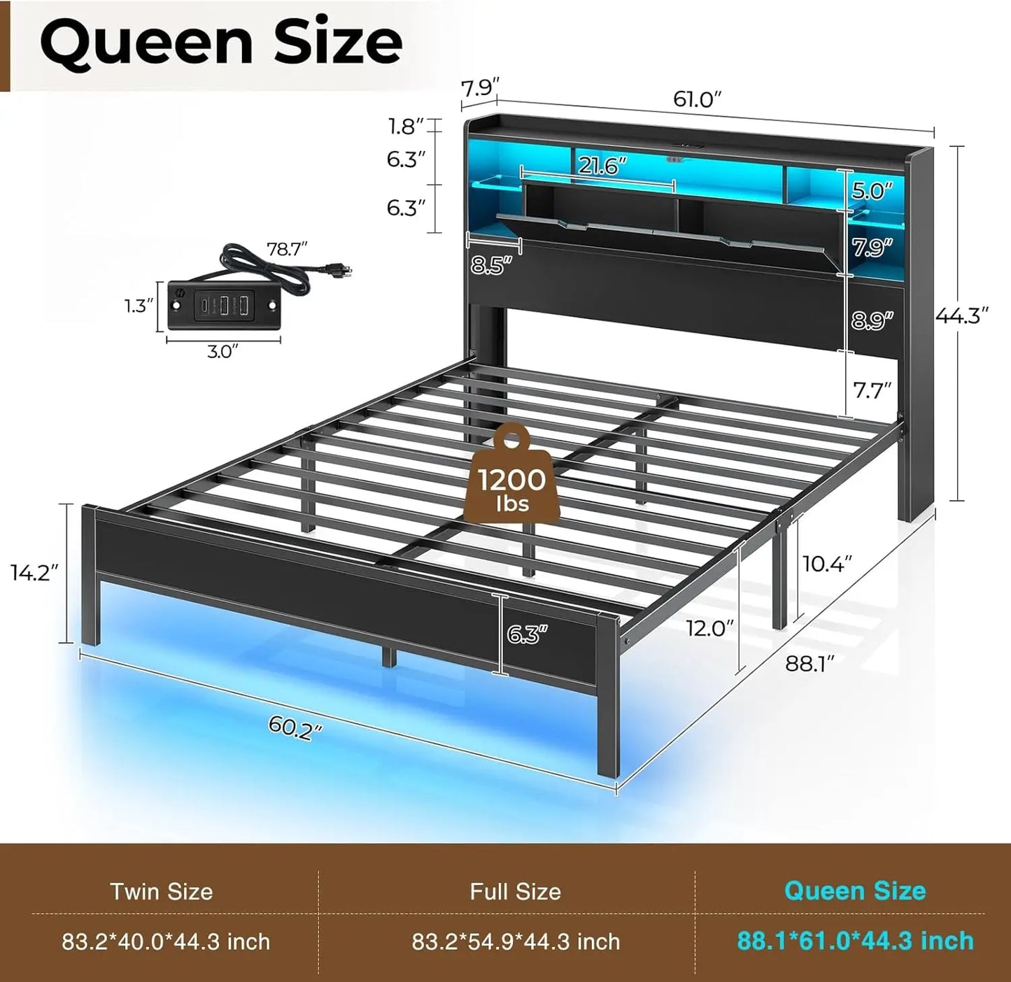 Bed Frame with Bookcase Storage - Full, Queen & Twin sizes
