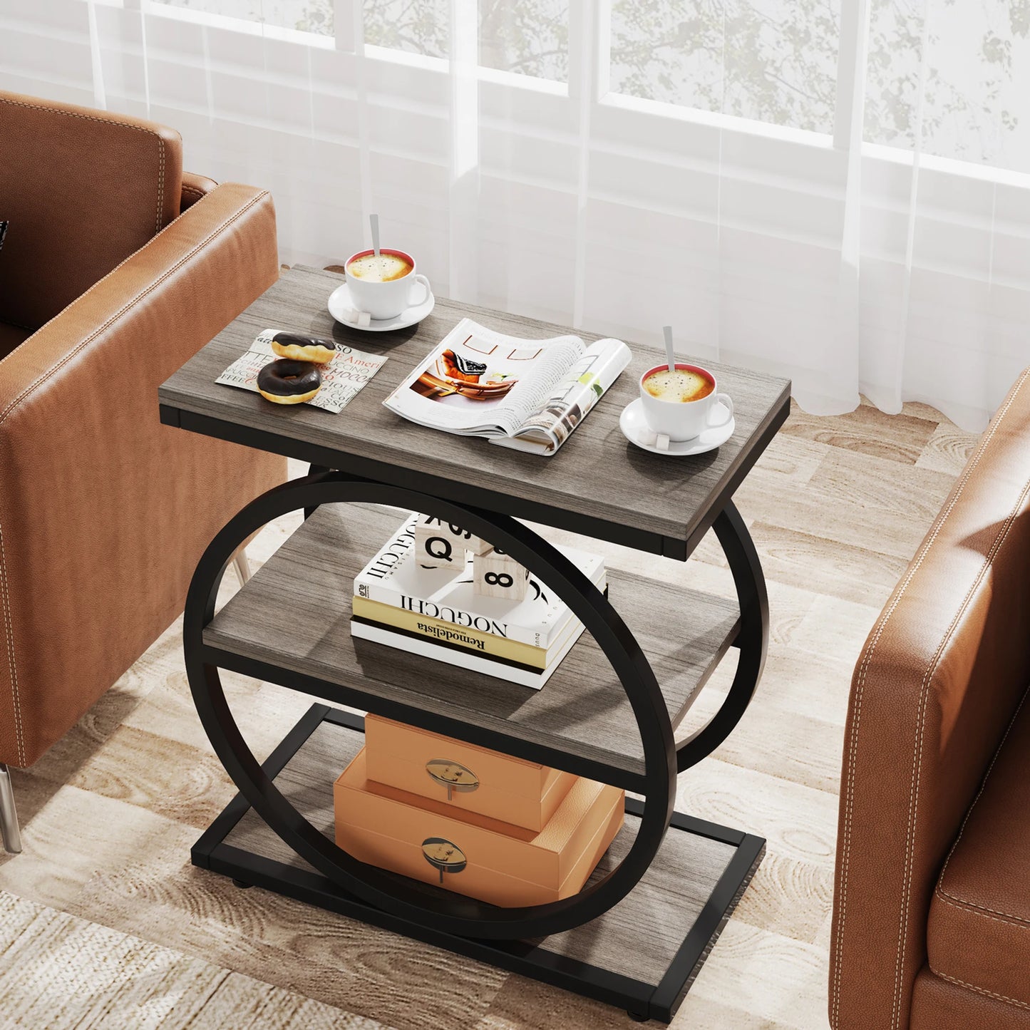Tribesigns End Table, Narrow End Table with 3 Storage Shelves, Wooden Side Table, Industrial Small Sofa Side Table