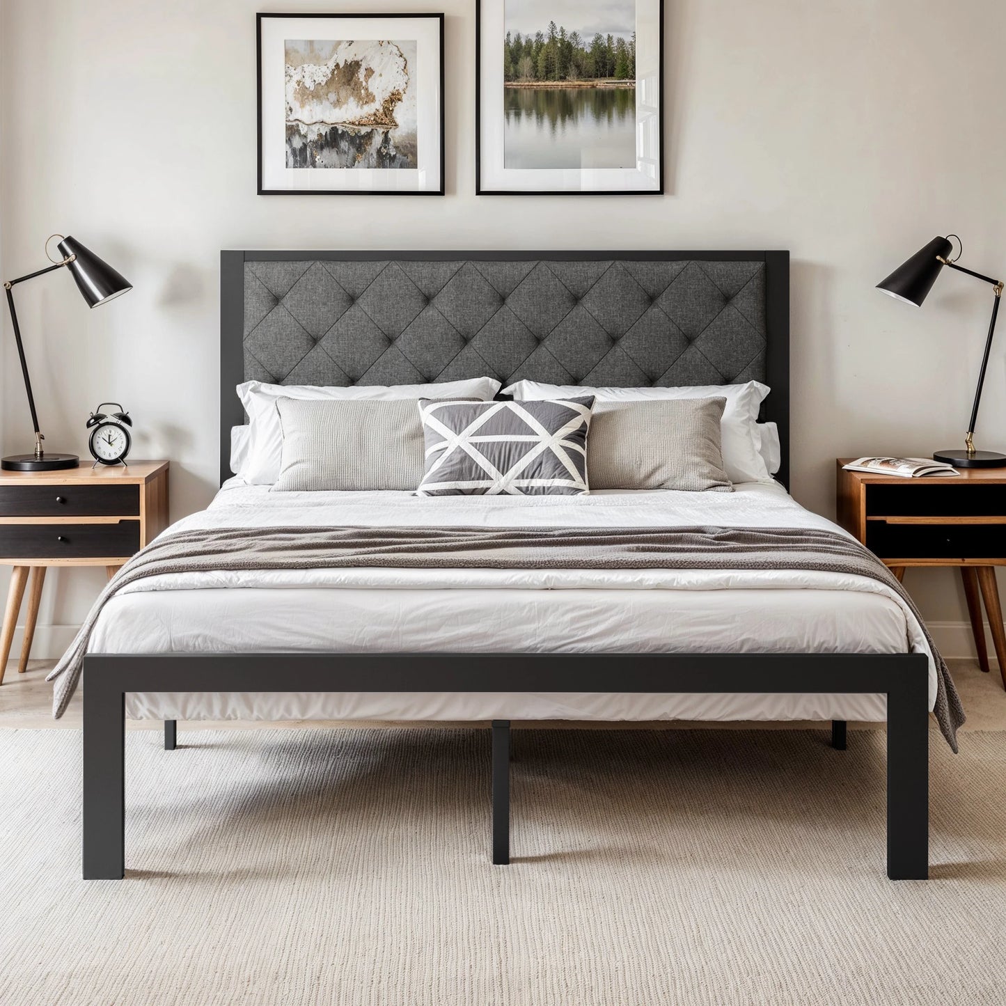 Bed Frame with Upholstered Finely Stitched Headboard - Queen, King, Full and Twin Sizes