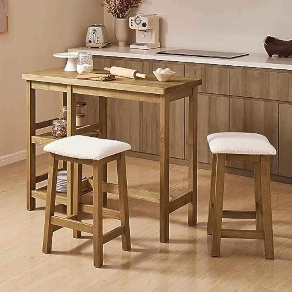 Solid Wood Counter Table Set with 2 Boucle Stools, 3-Piece Small Dining Kitchen Island Table Set for 2, with Storage