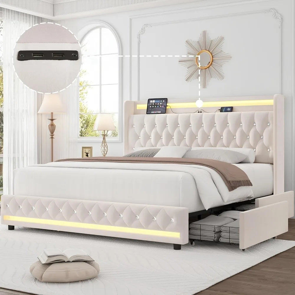 Velvet Upholstered Bed Frame with Storage – King, Queen, Full Sizes