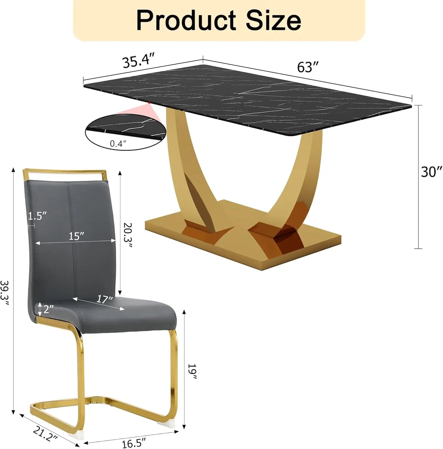 63” Dining Room Table Set for 6,Modern Gold Dining Table Set for 6, Rectangle kitchen Table Set With PU Leather Chairs,Black