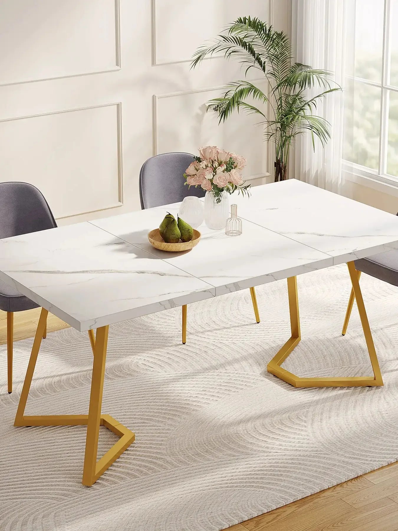 Tribesigns Gold Dining Dinner Table: 55 Inches Modern White Dining Room Table with Golden Legs, Faux Marble Kitchen Table for 6