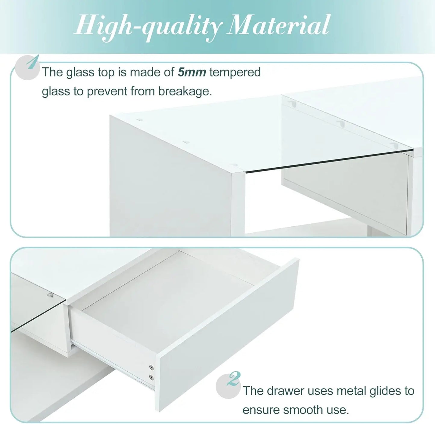 Coffee Table with Tempered Glass, Cocktail Table with High-Gloss UV Surface, Modernist 2-Tier Center Table for Living Room