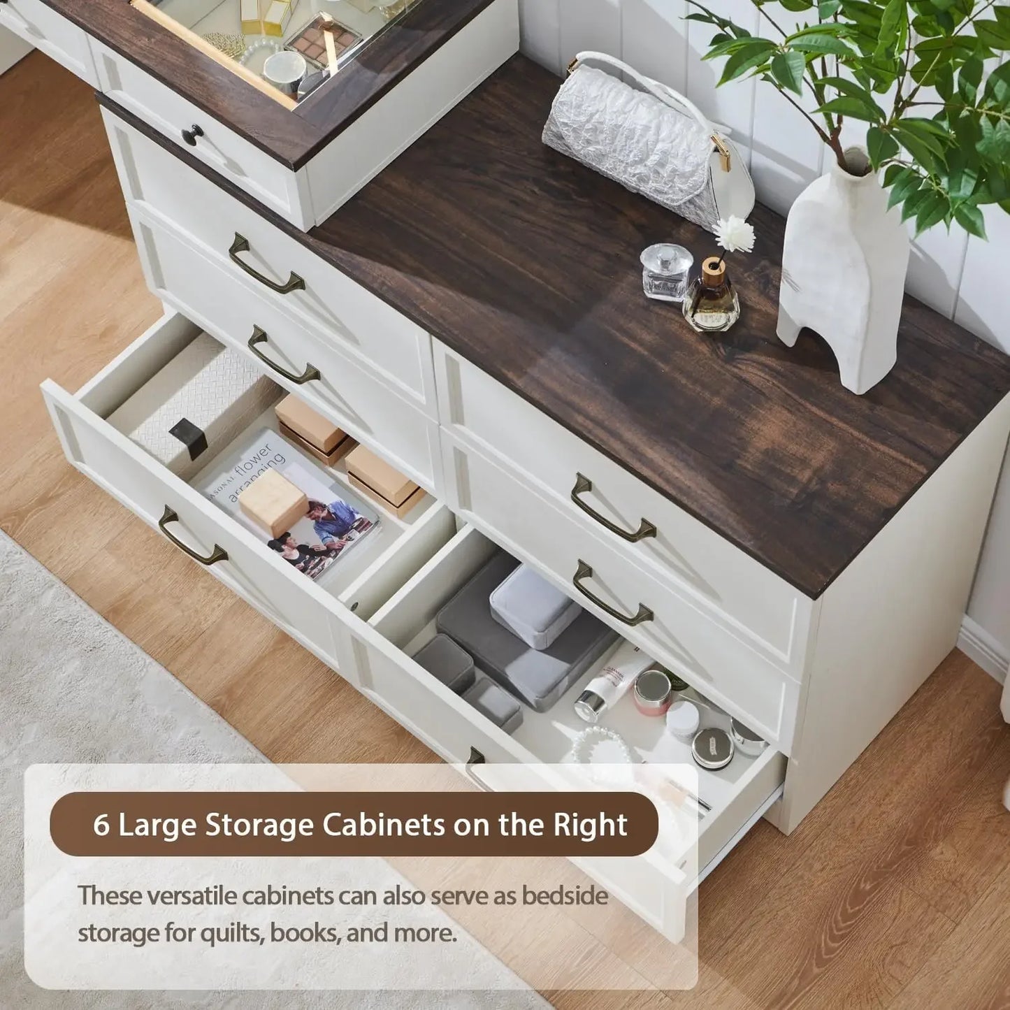 Vanity Desk with Glass Top, Dresser with 9 Storage Drawers