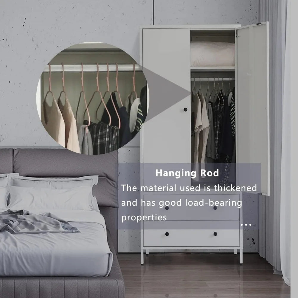Wardrobe Closet, Metal Armoires with Two Drawers