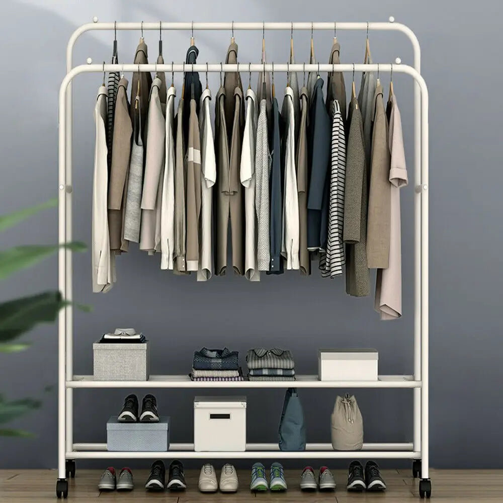 Coat Rack Double Rail Rolling Stand Shoes Rack Storage Shelf