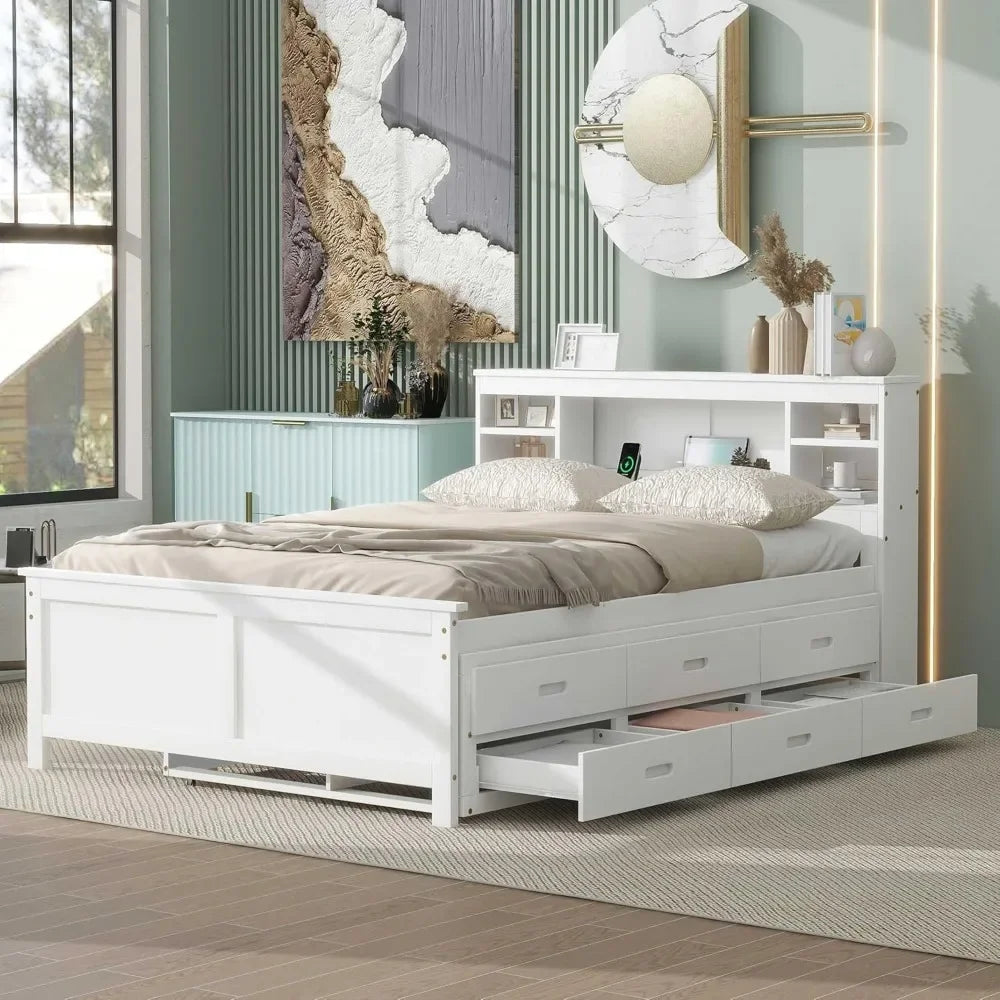 Full & Twin Storage Bed With Bookcase Headboard Wood Platform