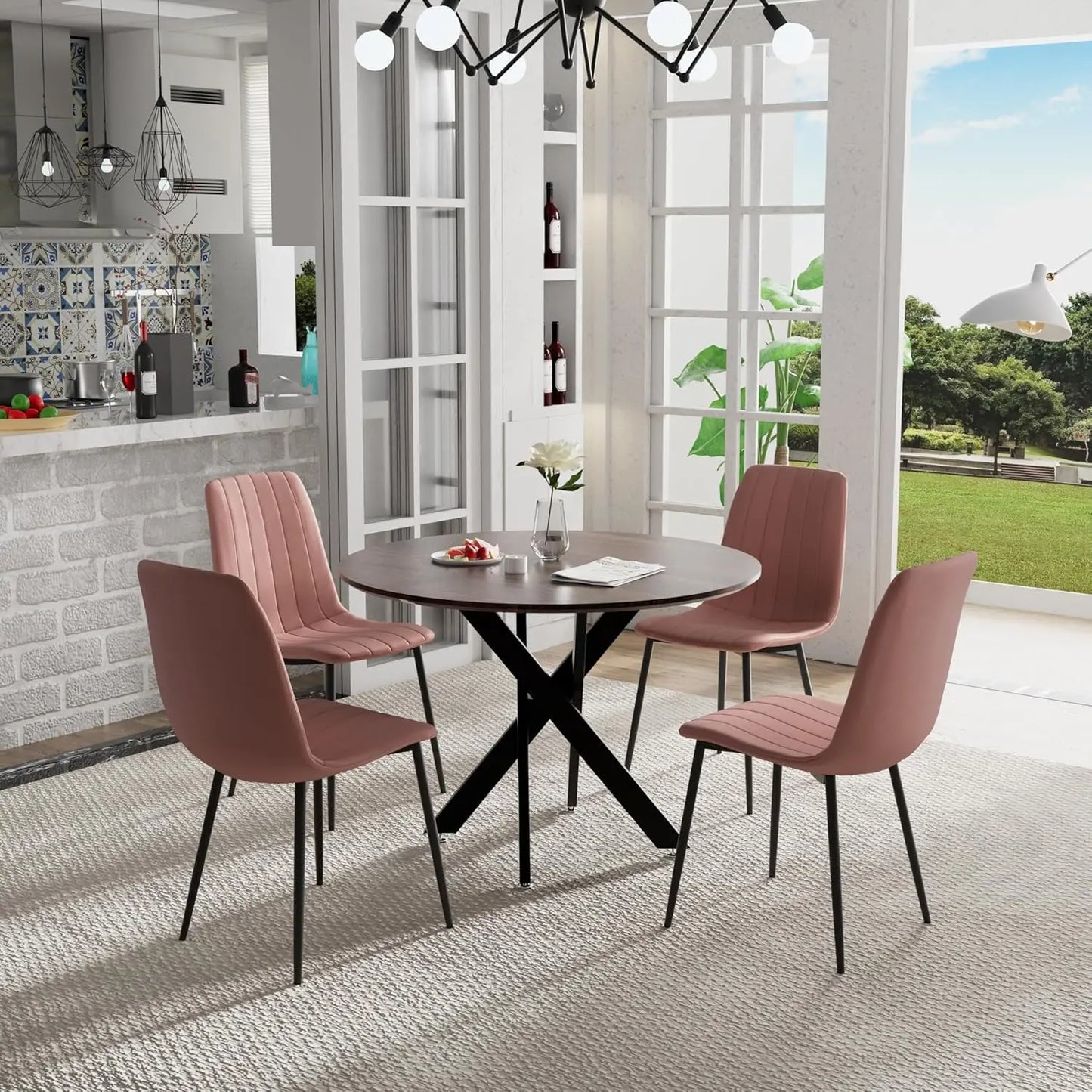 5 Piece Circle Dining Table Set for 4, 42 Inch Black Table & Velvet Upholstered Chairs With Sturdy Metal Legs, Round Kitchen