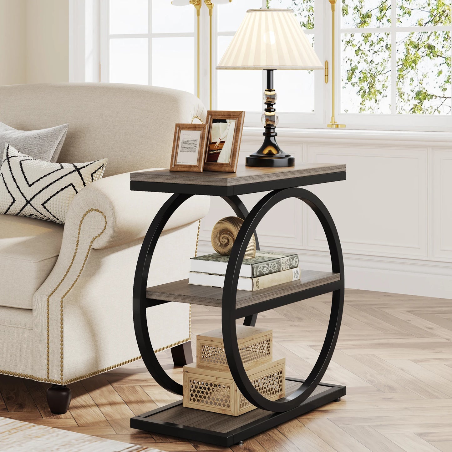 Tribesigns End Table, Narrow End Table with 3 Storage Shelves, Wooden Side Table, Industrial Small Sofa Side Table