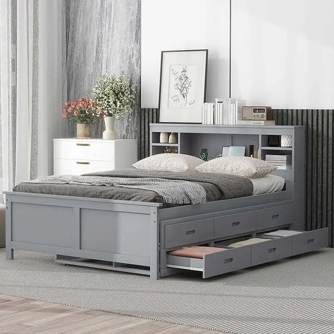 Full & Twin Storage Bed With Bookcase Headboard Wood Platform