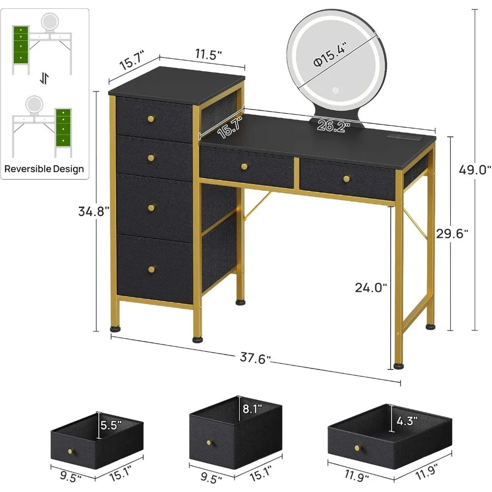 Vanity Desk with Mirror, Dresser with 6 Storage Drawers