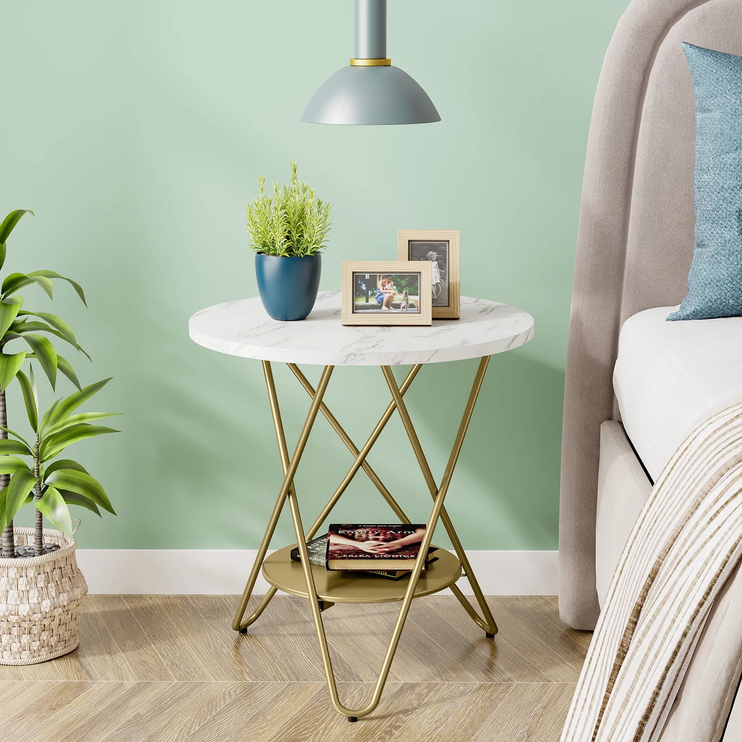 Tribesigns 2 Tier Faux Marble End Table Round Side Table with Shelves Small Coffee Accent Table for Living Room, White and Gold