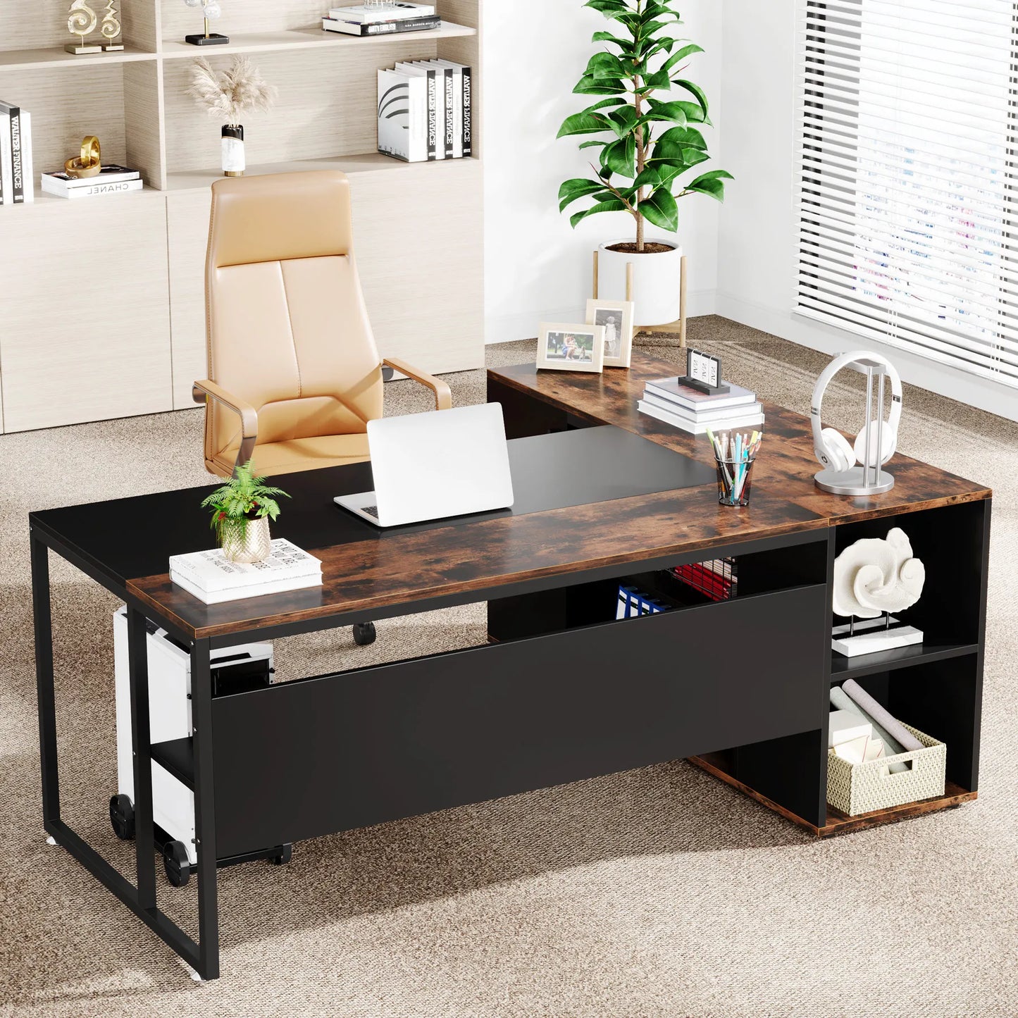 71 inch Executive Desk, L Shaped with Cabinet Storage