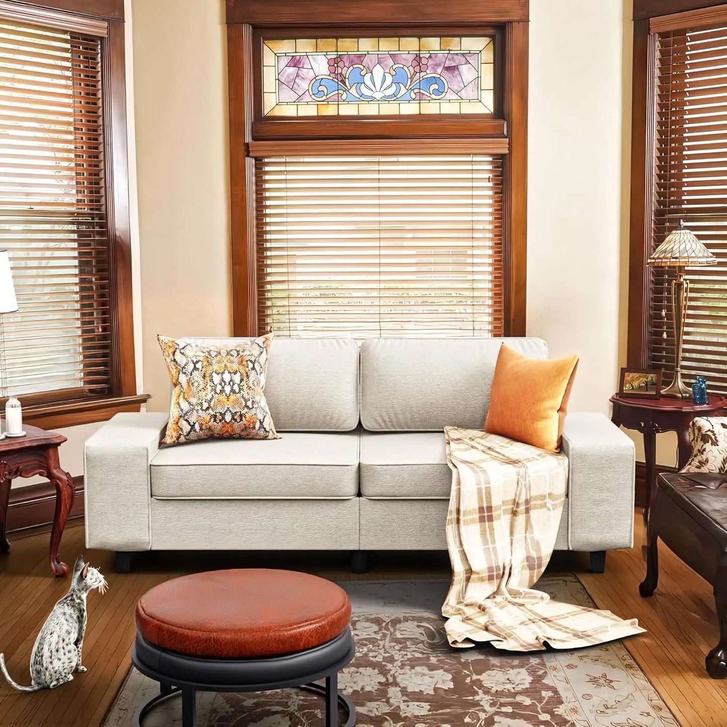 Corduroy Loveseat Couch, 3 Seater Retro Sofa with 4 Side Pockets